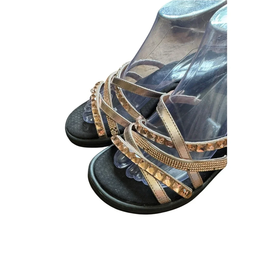 Skechers Wedge Sandals Womens 9 Rose Gold Excellent Rhinestone Strappy Slide